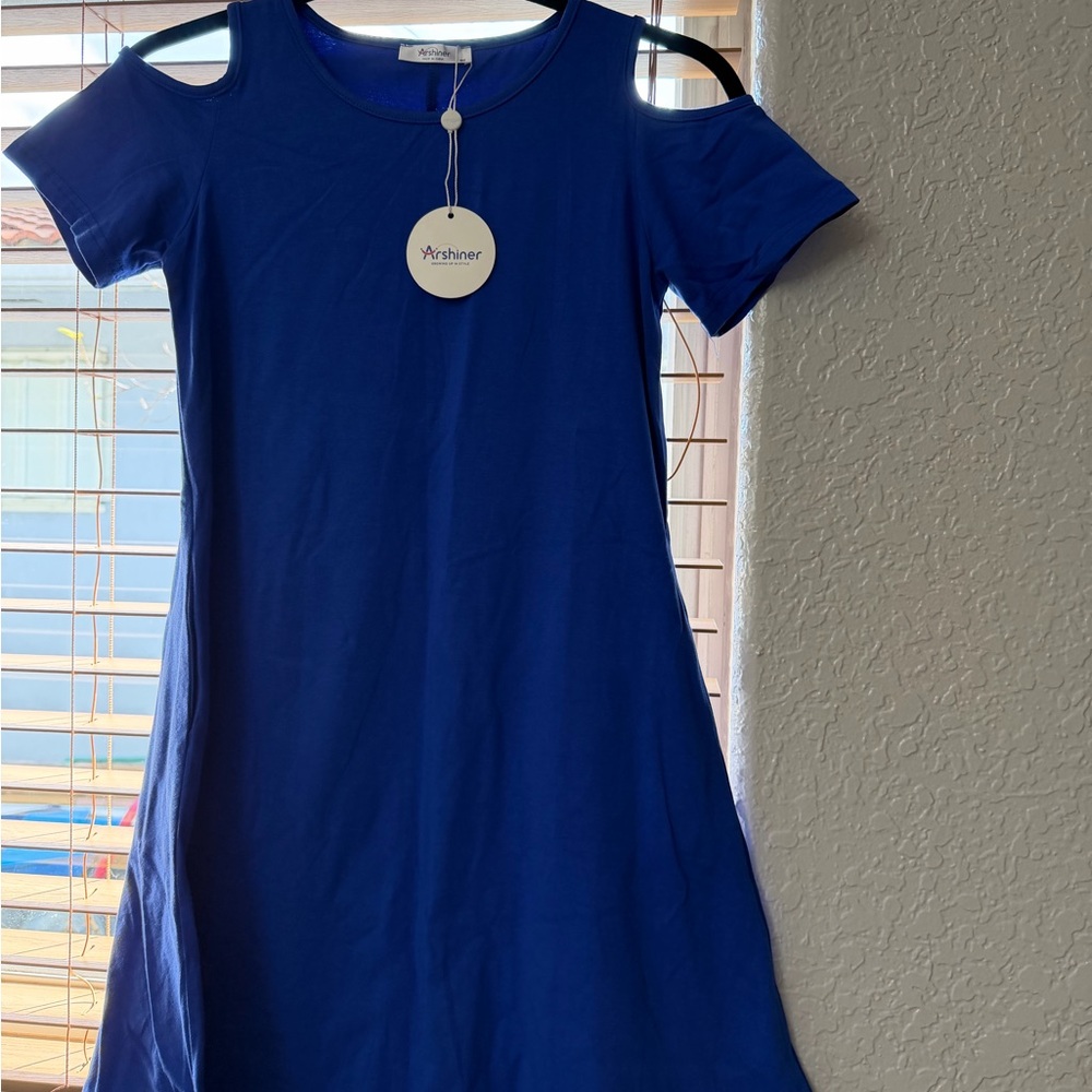 Girls Summer Dress Short Sleeve Cold Shoulder Solid Color with Pockets
